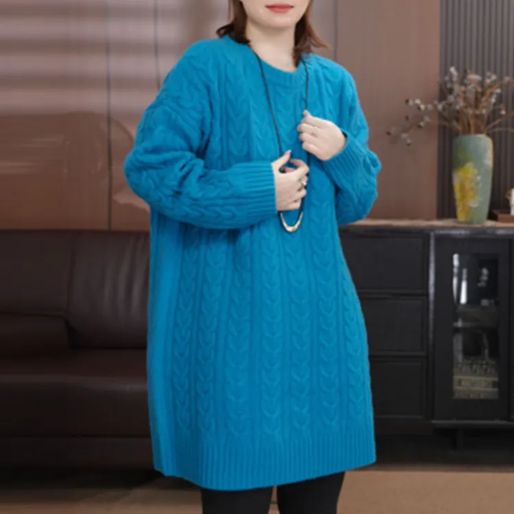 相菲一2025冬季新款全羊毛通勤慵懒风韩式时尚圆领套衫女装中长款