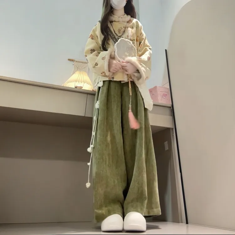 秋冬穿搭一整套新中式复古提花加绒上衣外套休闲阔腿裤保暖两件套