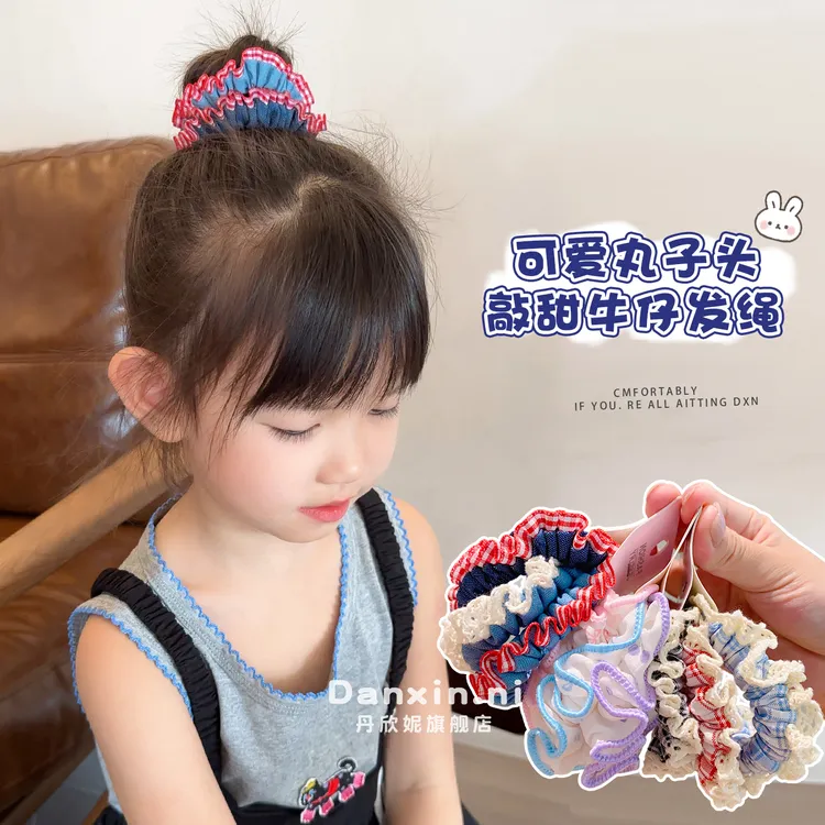 韩版儿童牛仔蓝蕾丝花边小肠发圈女童甜美格纹扎发头绳丸子头皮筋