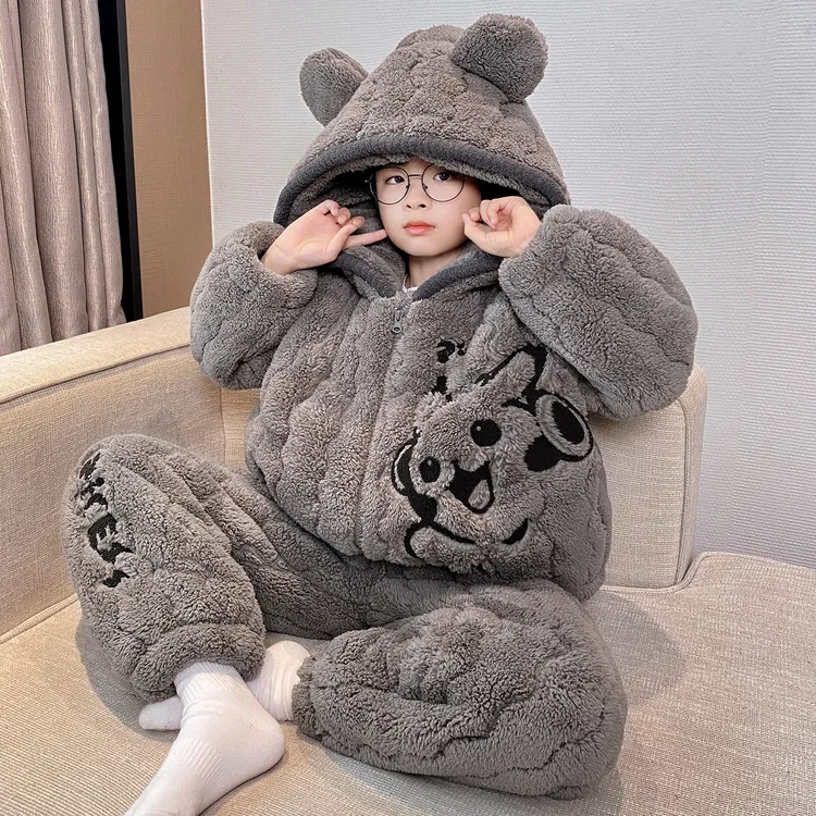 三层夹棉睡衣男孩保暖套装冬季加厚儿童珊瑚绒13岁男童卡通家居服