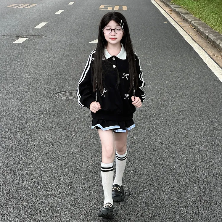 女童学院风春秋套装2025新款女孩韩系Polo卫衣儿童黑色短裙两件套