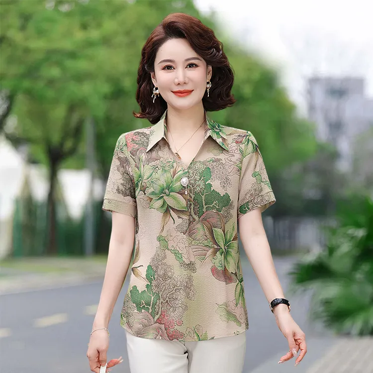 妈妈套头上衣夏款大码中老年女装夏装衬衣小衫妈妈装减龄显瘦T恤