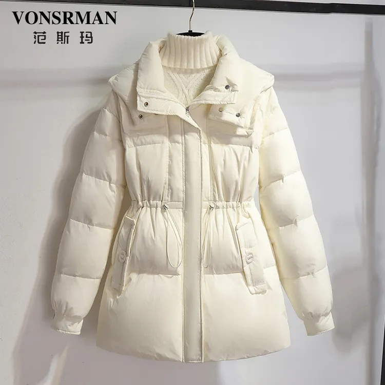 米白色收腰羽绒服女2025冬季洋气超好看小个子立领连帽中长款外套