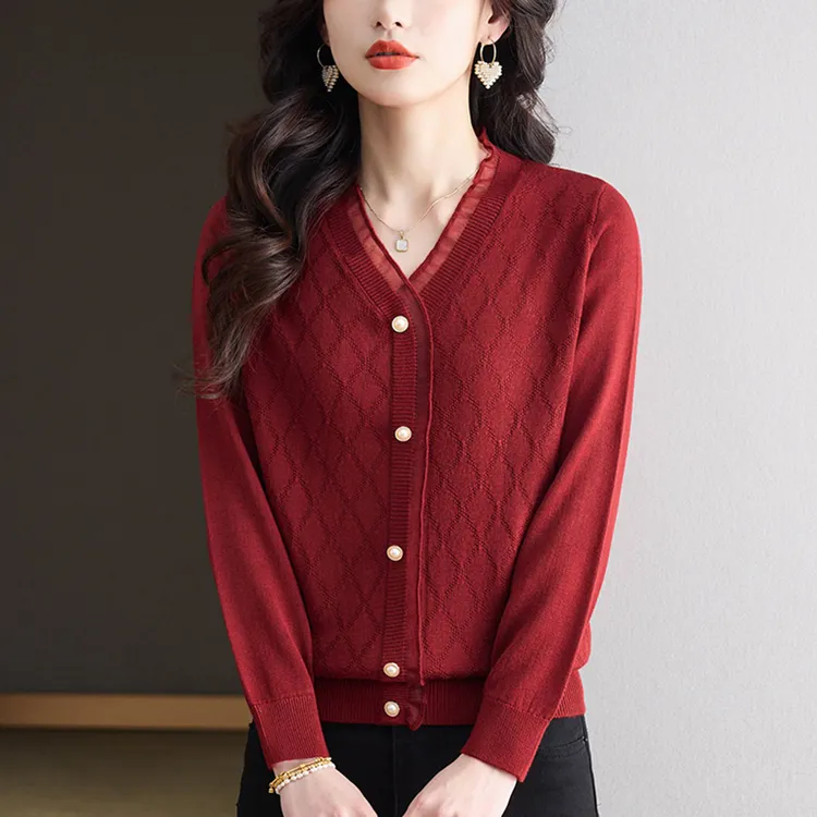 蕾丝V领毛衣薄款简约菱格针织衫女春季外穿气质上衣高贵洋气春装