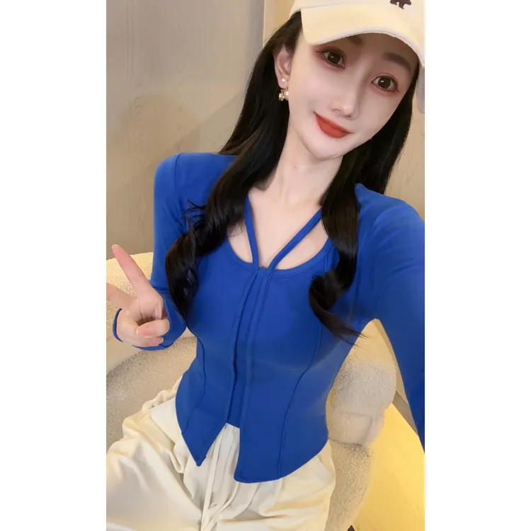 【双面德绒加厚娜哥091】挂脖打底衫女长袖内搭秋冬长袖修身显身材