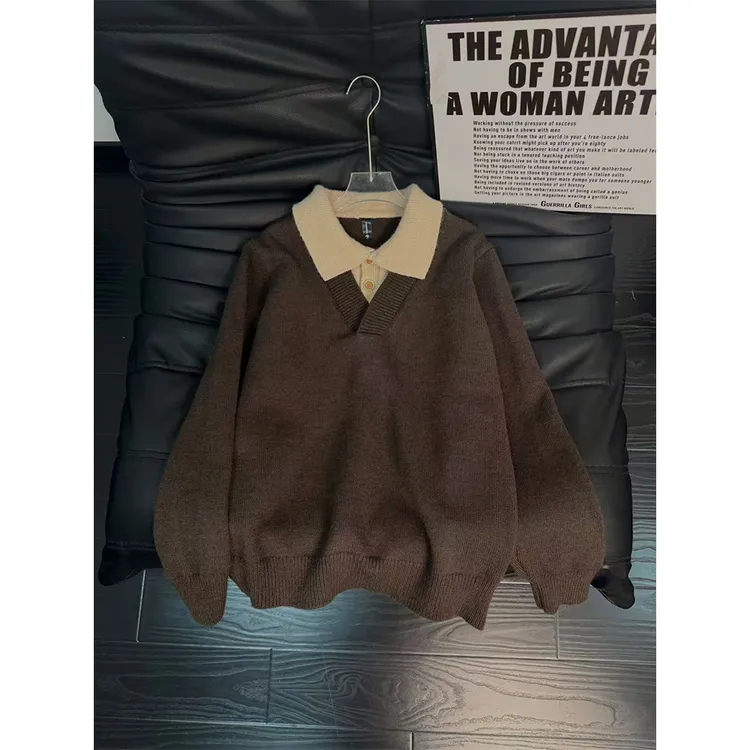 美式复古假两件毛衣男女款冬季polo翻领针织衫美拉德潮牌情侣外套