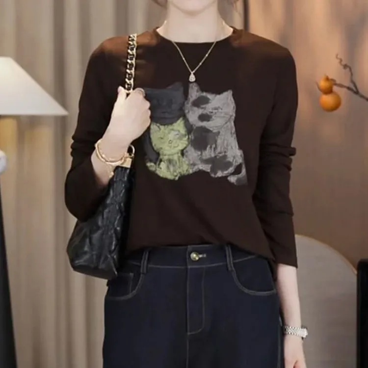 圆领百搭显瘦上衣秋冬新款胖MM大码女装韩版卡通猫咪印花长袖T恤