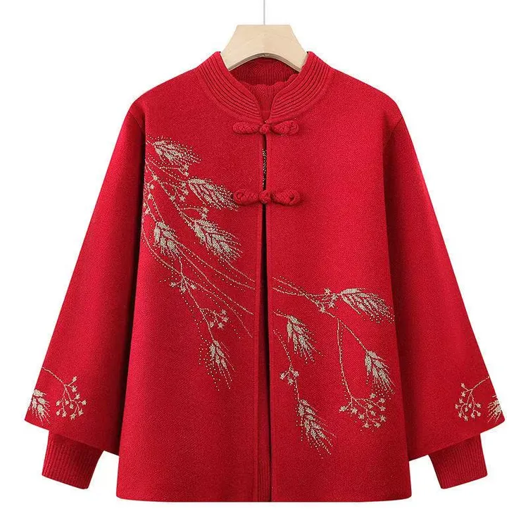 妈妈秋冬装毛衣两件套中老年人盘扣外套女士套装