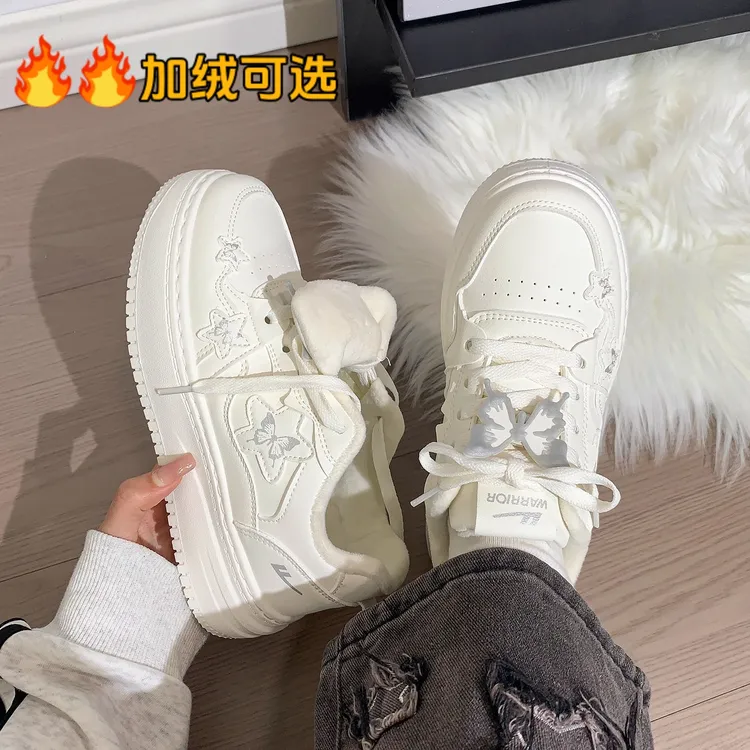 回力加绒厚底二棉鞋女2025冬季学生板鞋蝴蝶百搭小白鞋保暖休闲鞋
