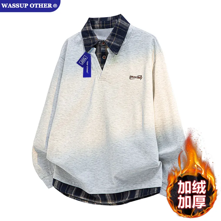 WASSUP OTHER美式复古假两件卫衣男秋季衬衫领polo衫长袖刺绣上衣