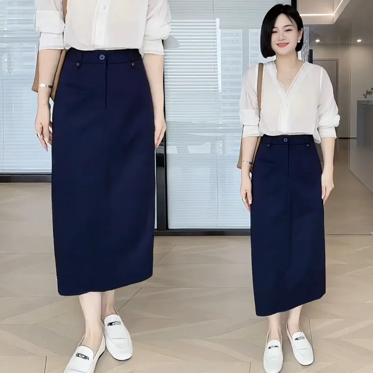 藏青色西装半身裙女秋季2025新款高腰高级感a字开叉直筒包臀裙子