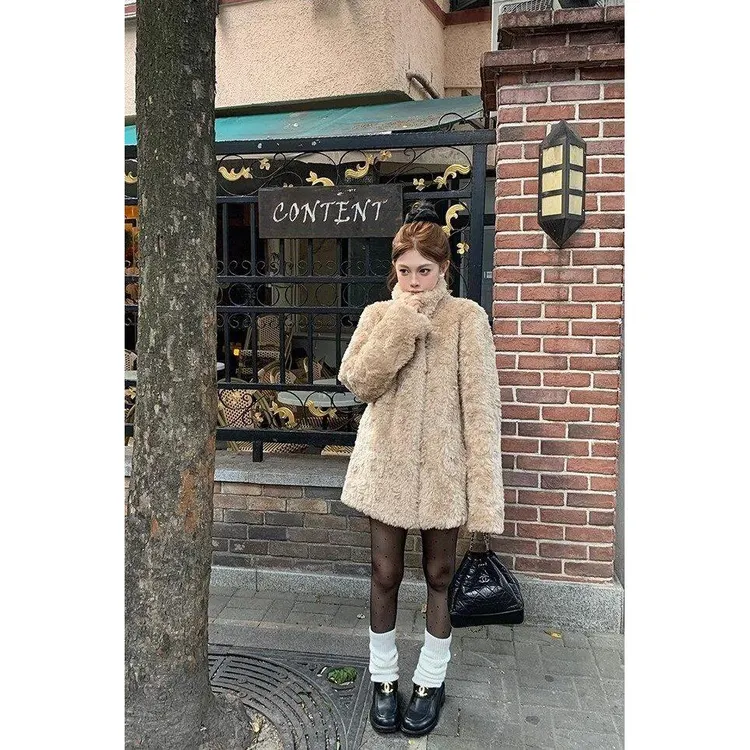 番茄侠 富区 环保仿皮草韩女羊羔毛毛外套立领加厚