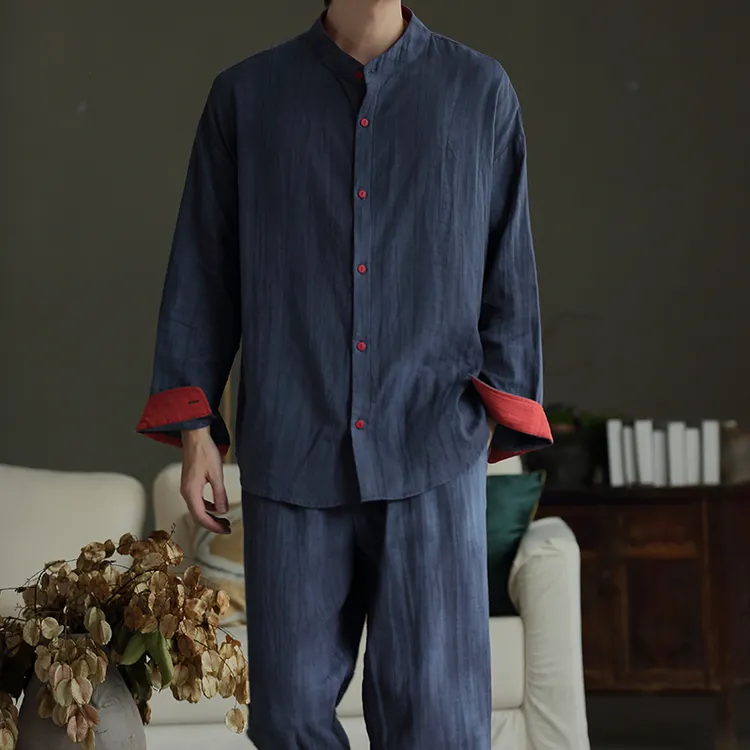 宽松复古秋季睡衣男士中国风中式时尚套装长袖长裤家居服可外穿