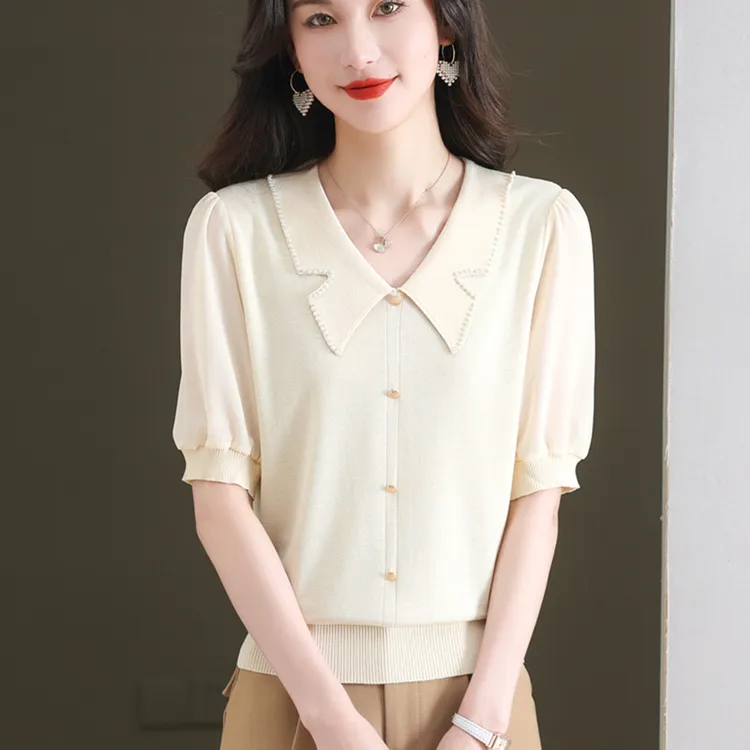 中年妈妈冰丝V领短袖针织衫2025夏季新款时尚洋气冰丝短袖T恤女