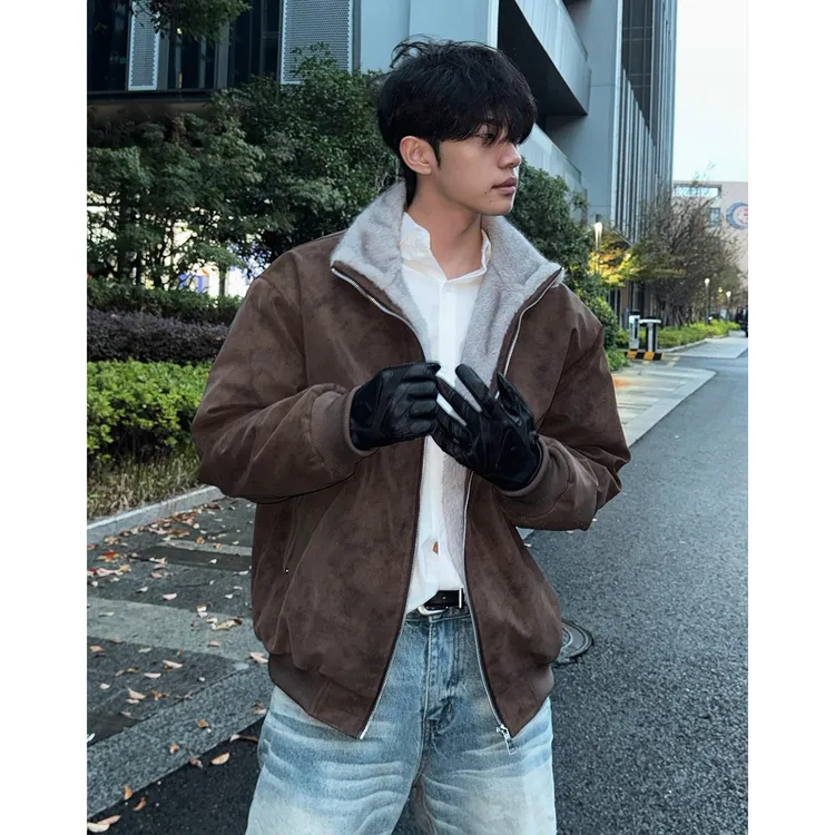 cleanfit双色座山雕重磅美式复古保暖加厚夹克外套加绒PU皮棉衣男