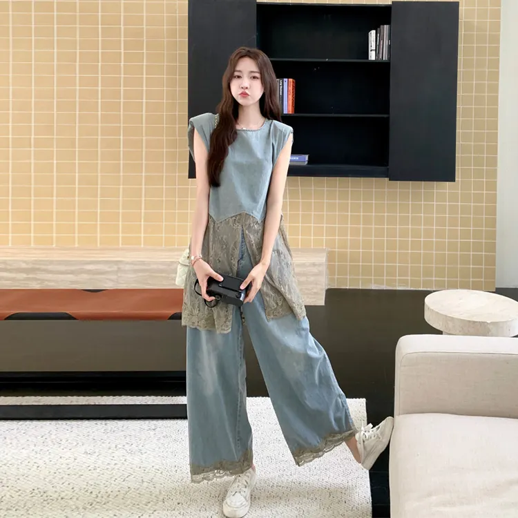 甜酷风蕾丝拼接牛仔背心阔腿裤2025夏季新款时尚复古氛围感套装潮