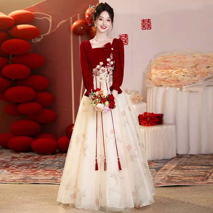 大码敬酒服2025新款胖mm长袖订婚礼服裙气质显瘦新娘回门晚礼服女