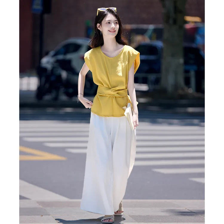 尚静极简风套装裤女2025夏季新款系带收腰T恤+高腰休闲裤阔腿裤