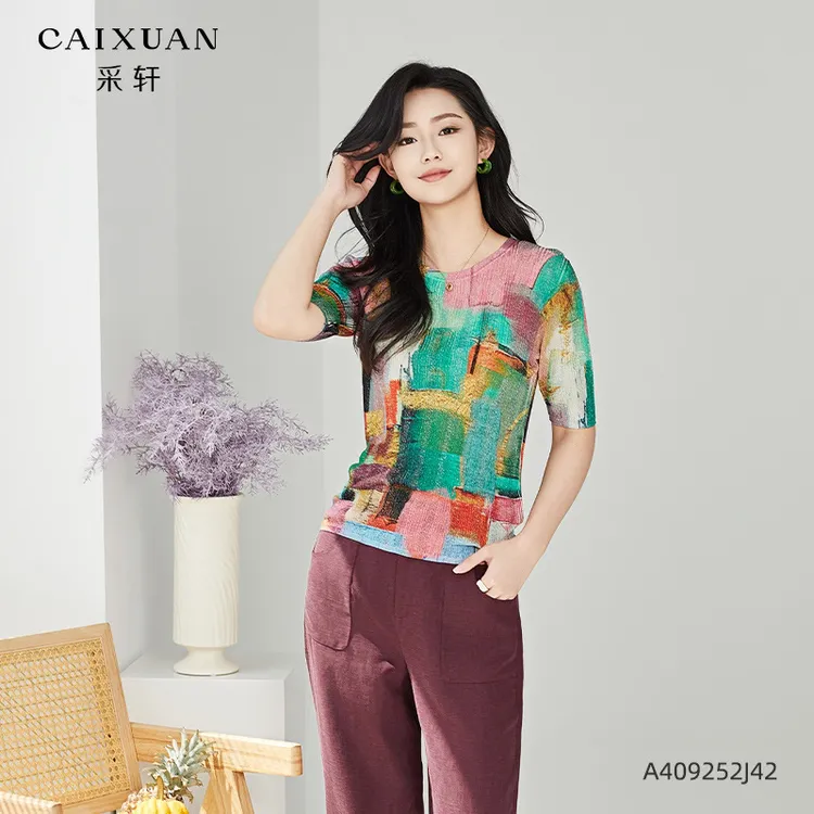 a409252j42CAIXUAN采轩时尚圆领减龄撞色涂鸦针织套头衫