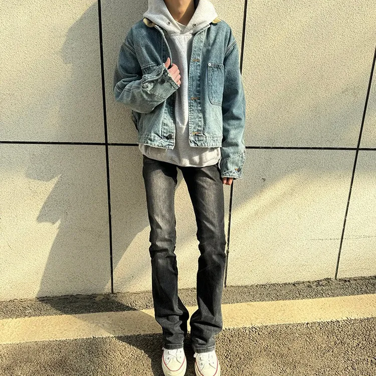纪璇同款裤子美式高街水洗黑灰色牛仔裤男直筒修身cleanfit微喇裤