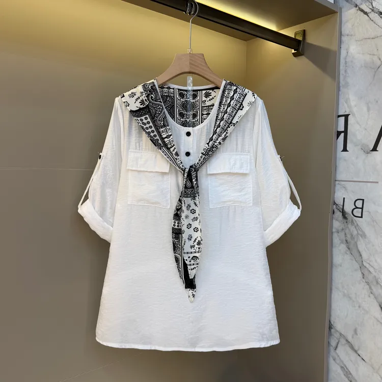 欧货洋气时尚大码女装拼接复古丝巾圆领设计感胖妹妹长袖上衣716