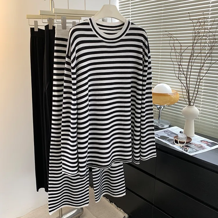 2025春季新款必入肯豆风慵懒条纹针织套装落肩显瘦上衣垂感阔腿裤