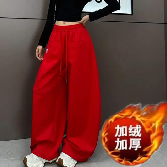 2025冬季加绒加厚红色爱心刺绣松紧腰宽松高腰抽绳显瘦阔腿休闲裤
