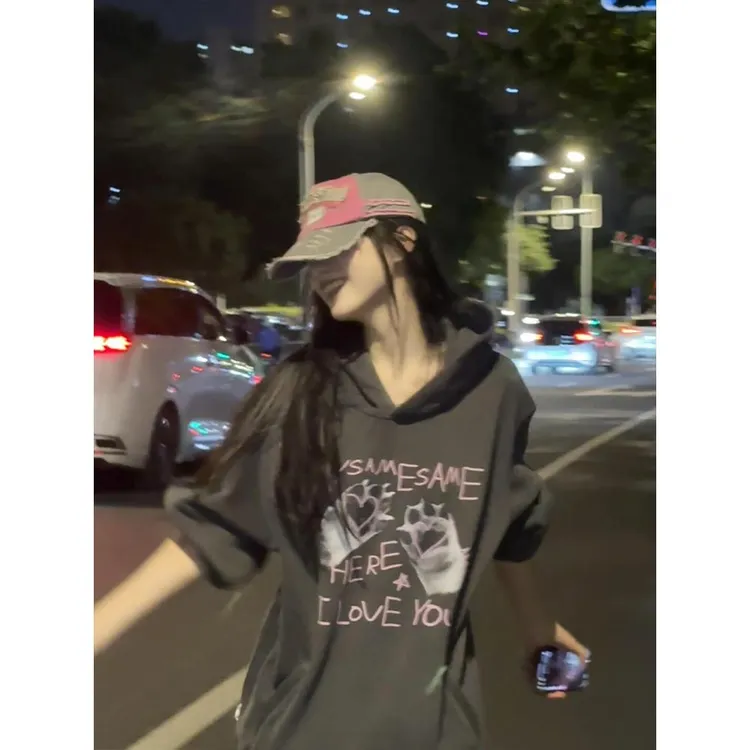 美式高街甜酷风猫爪字母印花连帽卫衣女春秋宽松慵懒百搭情侣外套