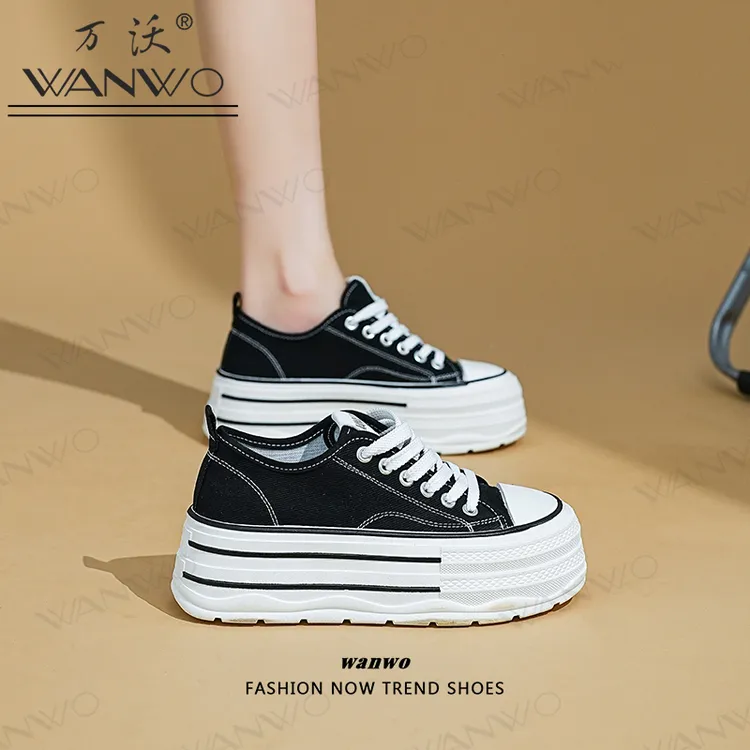 WANWO增高5cm厚底帆布鞋秋季新款休闲鞋女小白鞋时尚百搭运动板鞋