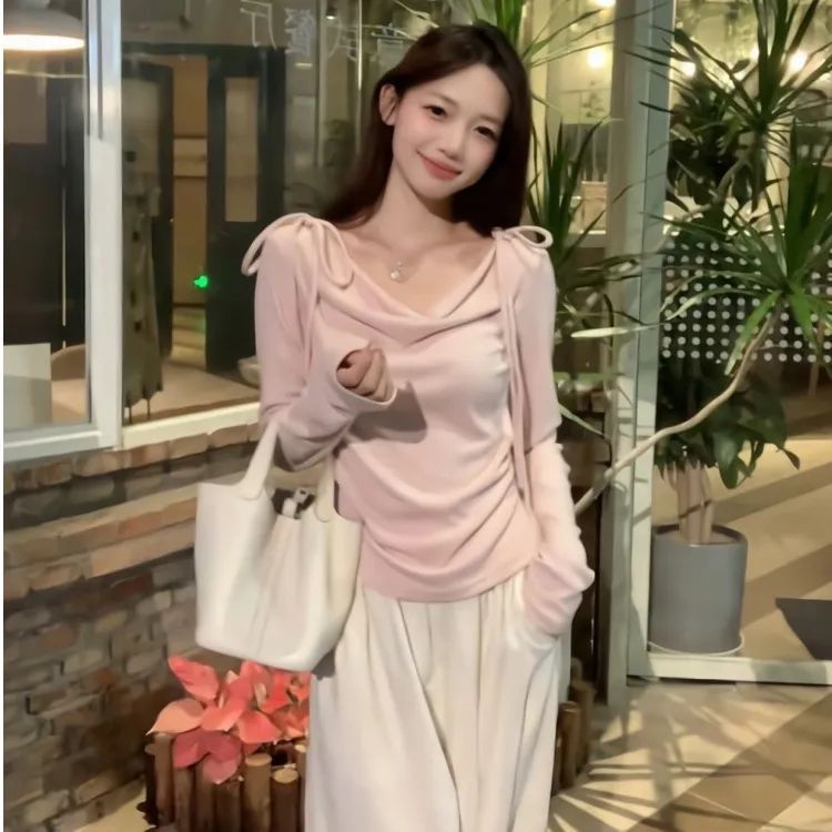 秋季气质别致时尚蝴蝶结修身显瘦T恤性感纯欲风女百搭长袖上衣ins