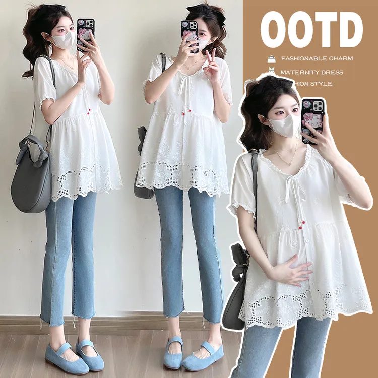 孕妈妈上衣时尚宽松怀孕白色V领大码娃娃衫遮肚子夏装衬衫衬衣服