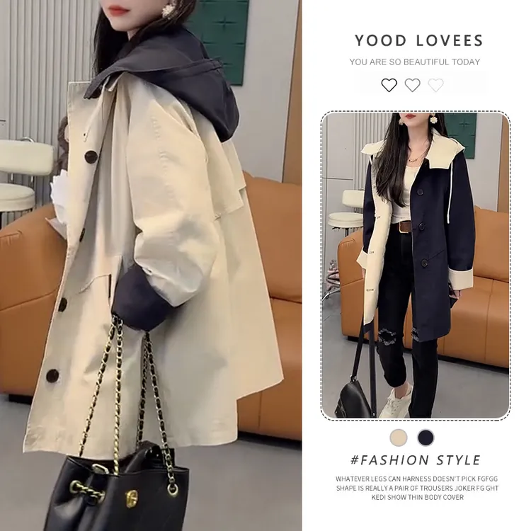 休闲风连帽中长款风衣外套女2025春秋新款宽松百搭撞色显瘦上衣潮
