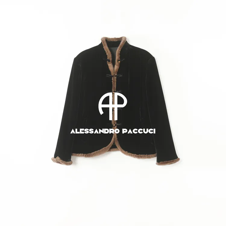 AP洛哥53175WG【限量/墨辞赋】蚕丝丝绒+水貂边新中式立领盘扣外套