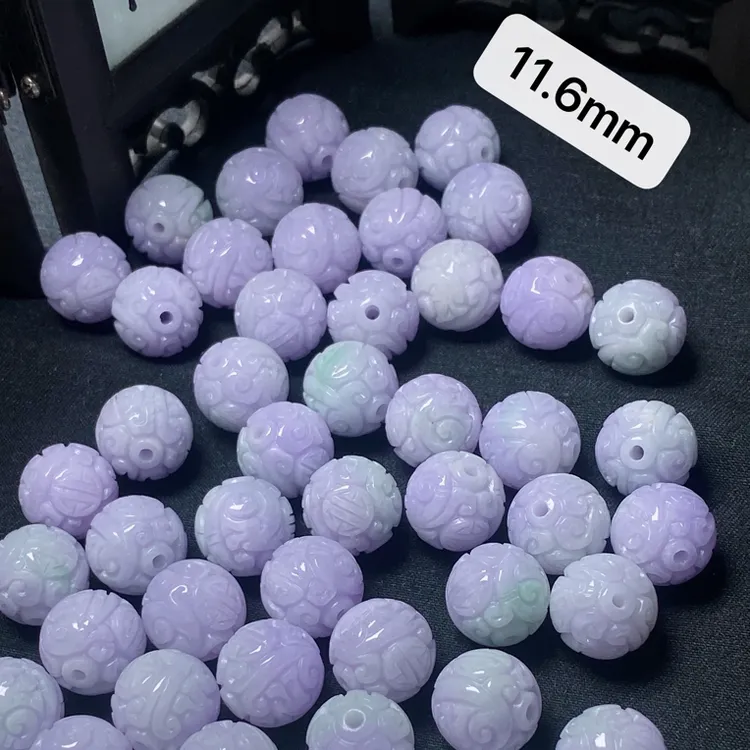 缅甸天然翡翠a货老料紫罗兰春彩雕刻圆珠绘纹珠多样性发货发其一