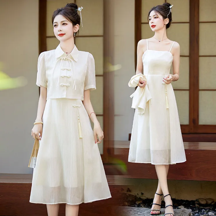 新中式国风连衣裙女2025款短袖时尚盘扣衬衫配吊带裙子汉服两件套