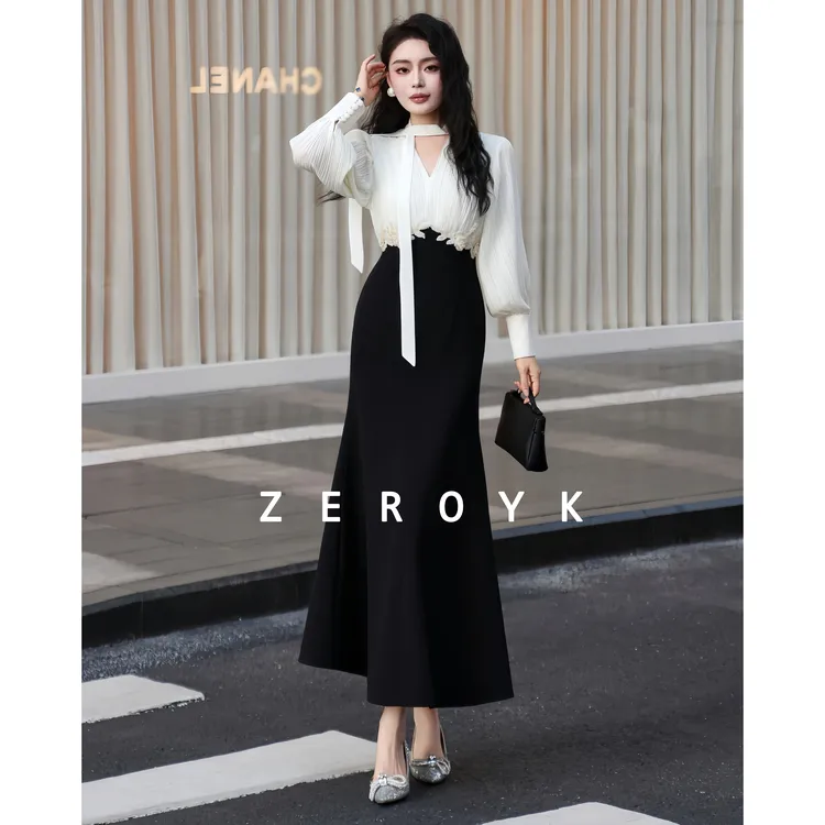 ZEROYK翎蔻 名媛风连衣裙2026早春新款气质优雅撞色飘带领长裙女