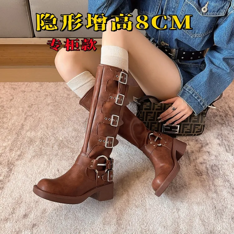 真皮厚底靴子女长筒靴中筒靴秋冬新款复古时尚女靴百搭长靴骑士靴