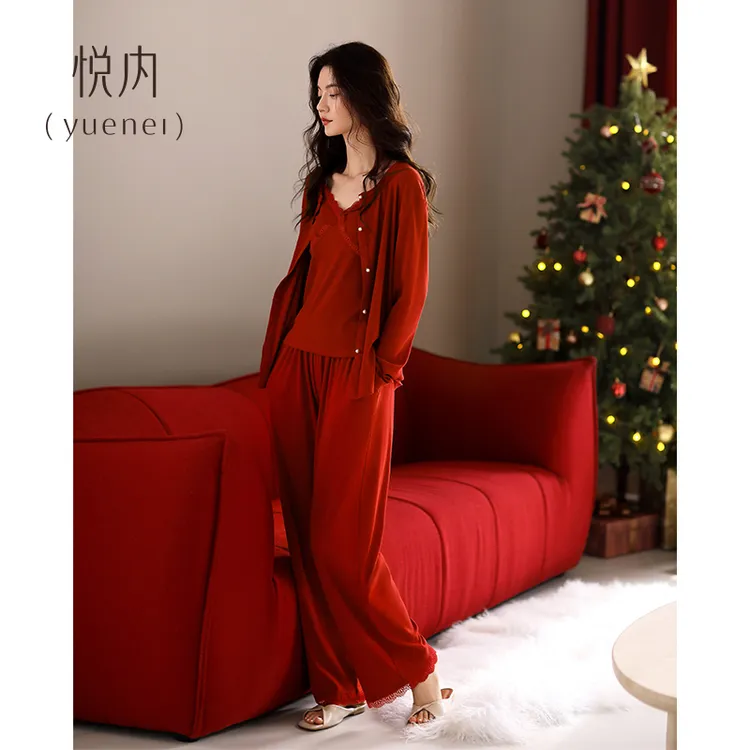 悦内【带胸垫】春秋款长袖纯棉女士家居服红色本命年三件套吊带外套