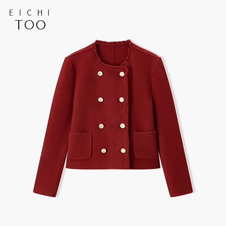 爱居兔冬新毛边设计保暖舒适复古时尚双面呢大衣EWDSJ4N001A