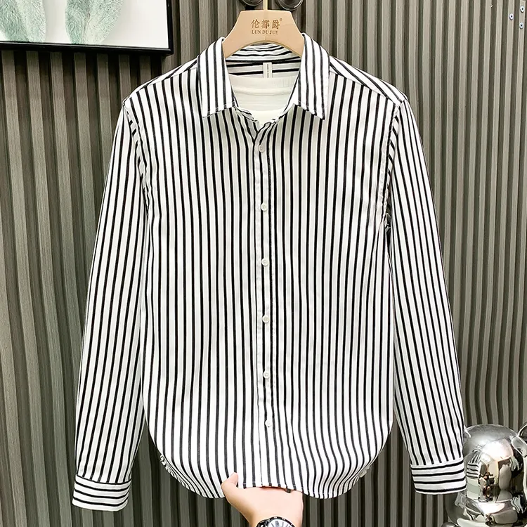 高端时尚男装经典竖条纹日系清新衬衫秋季宽松百搭高级感帅气上衣