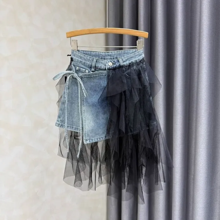 设计感网纱拼接牛仔半身裙女夏季不规则减龄辣妹高腰显瘦短裙裤子