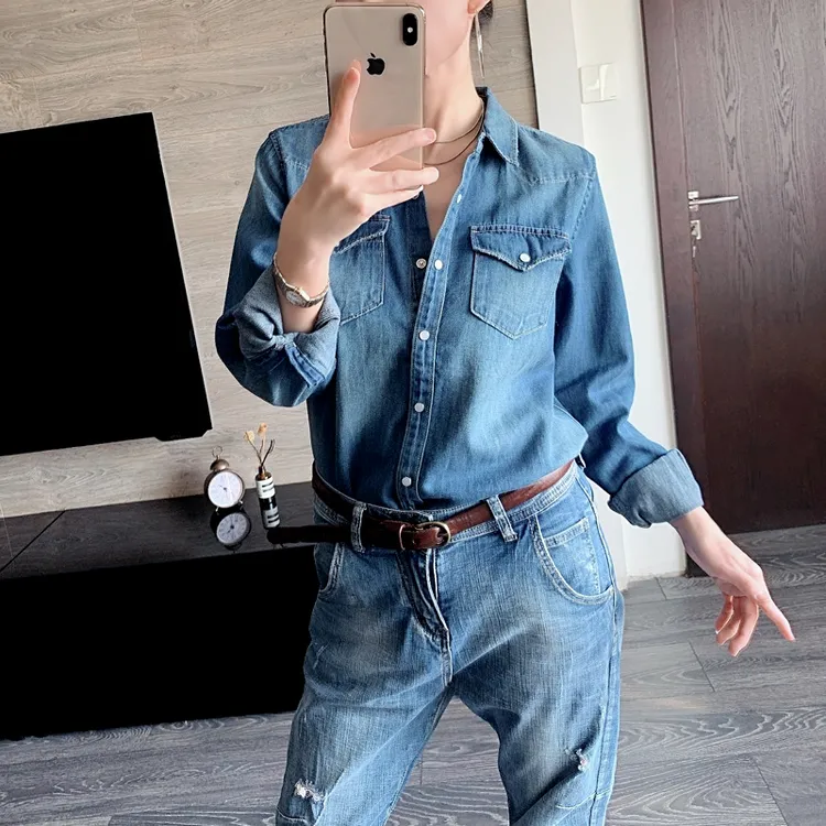 欧美春秋复古时尚磨破水洗纯棉牛仔衬衣女百搭打底叠穿丹宁衬衫潮
