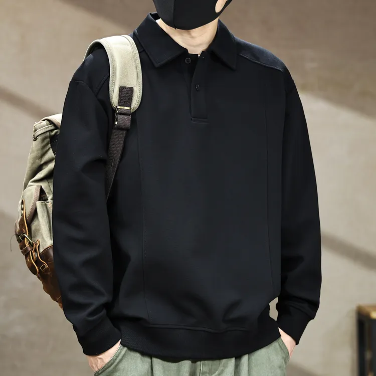 美式潮牌翻领POLO卫衣男士秋季新款宽松休闲结构感长袖t恤打底衫