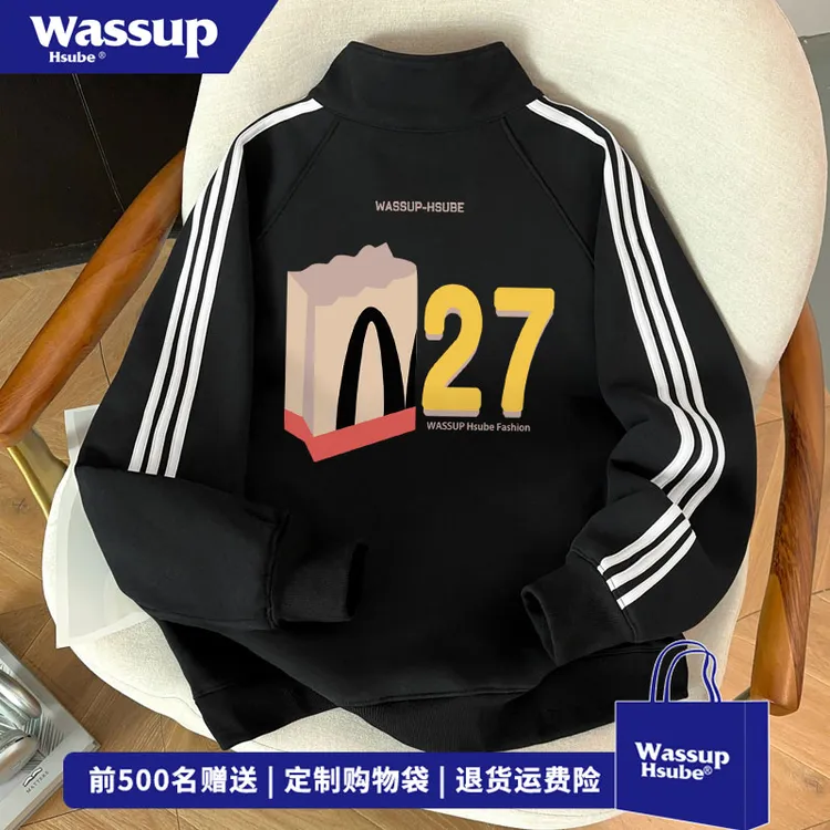 WASSUP HSUBE 秋冬季高街ins三条杠上衣趣味字母印花半拉链卫衣