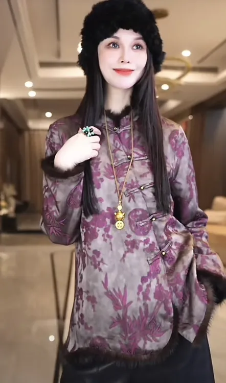 飞儿【竹梅花上衣-灰】2025早秋新款水貂毛拼接衬衫上衣