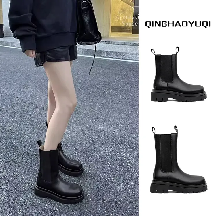 真皮厚底切尔西靴2025年新款秋冬加绒马丁靴英伦黑色短靴女