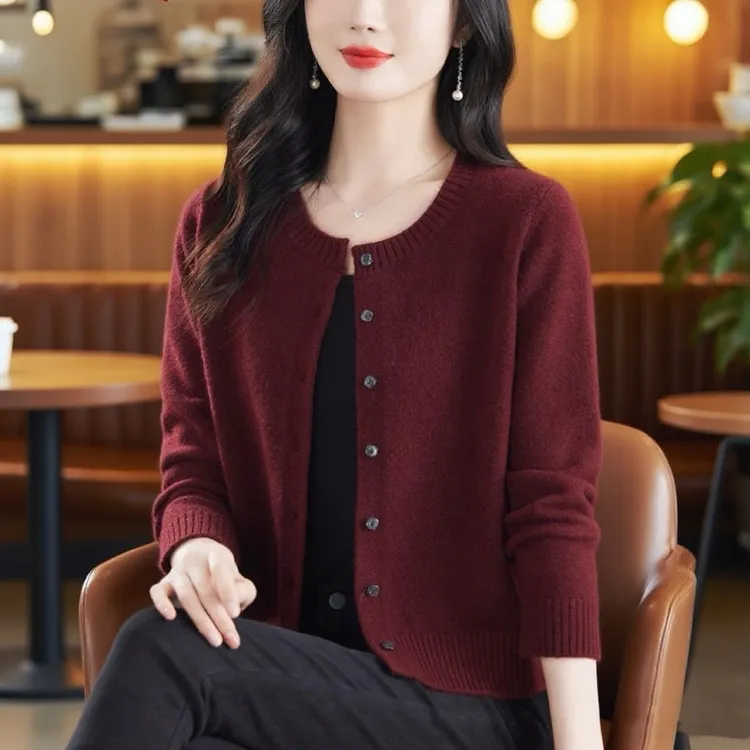 羊毛衫女开衫圆领短款毛衣外套妈妈百搭羊绒针织外搭专柜正品