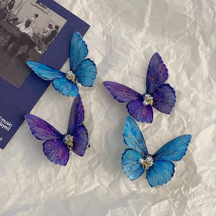 超仙复古冰灰蓝蝴蝶发夹小众设计感水钻发卡氛围感拍照夹子头饰女