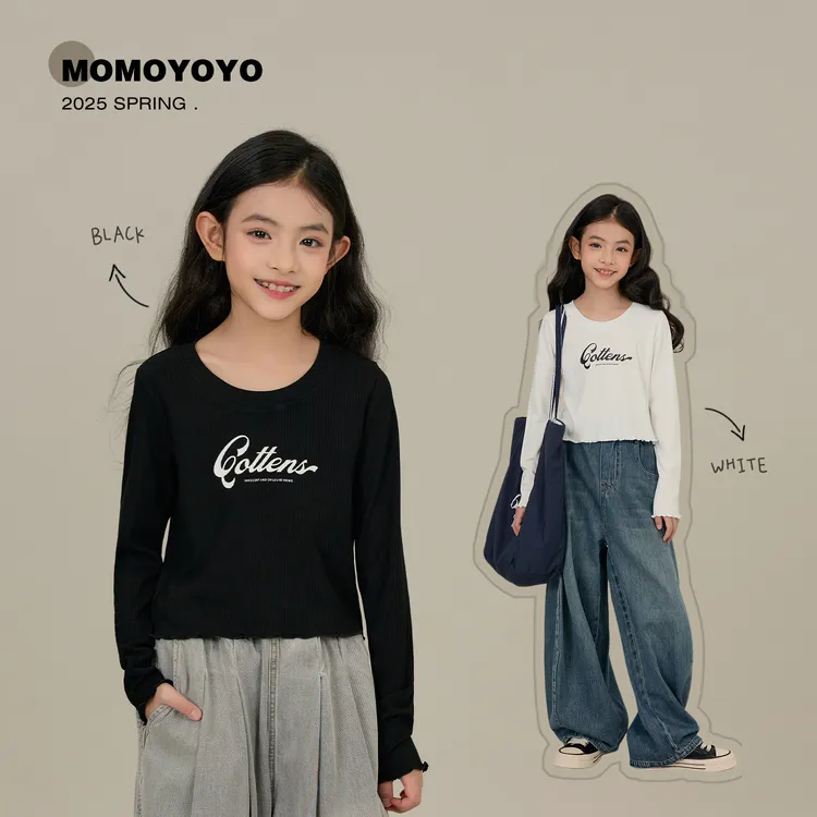 辰辰妈【非黑即白】字母印花木耳边显瘦短款坑条字母亲子T恤7543D