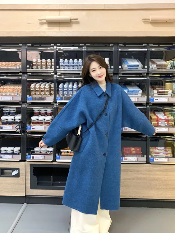 【永夜星河】超显白孔雀蓝呢子大衣女长款气质韩系新款新款毛呢外套